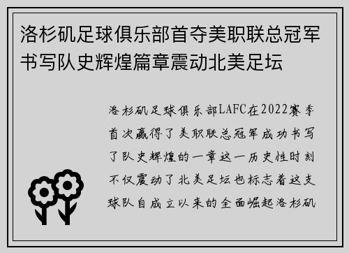 洛杉矶足球俱乐部首夺美职联总冠军书写队史辉煌篇章震动北美足坛 洛杉矶足球俱乐部首夺美职联总冠军书写队史辉煌篇章震动北美足坛
